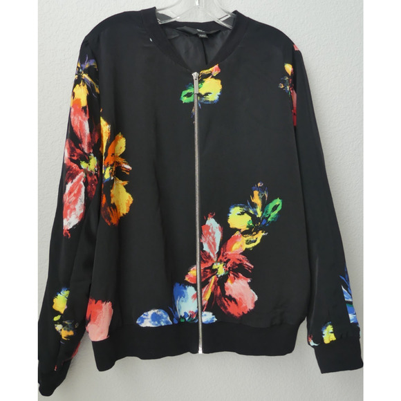 Woman's Floral Lightweight Jacket XXL Zip-Up Satin Bomber Style Cuffed Waist Y2K - Picture 2 of 8